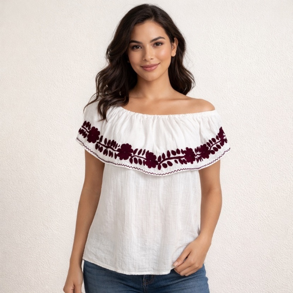 Nativa White Burgundy Floral Embroidered Cottagecore Hispanic Mexican Top Size L